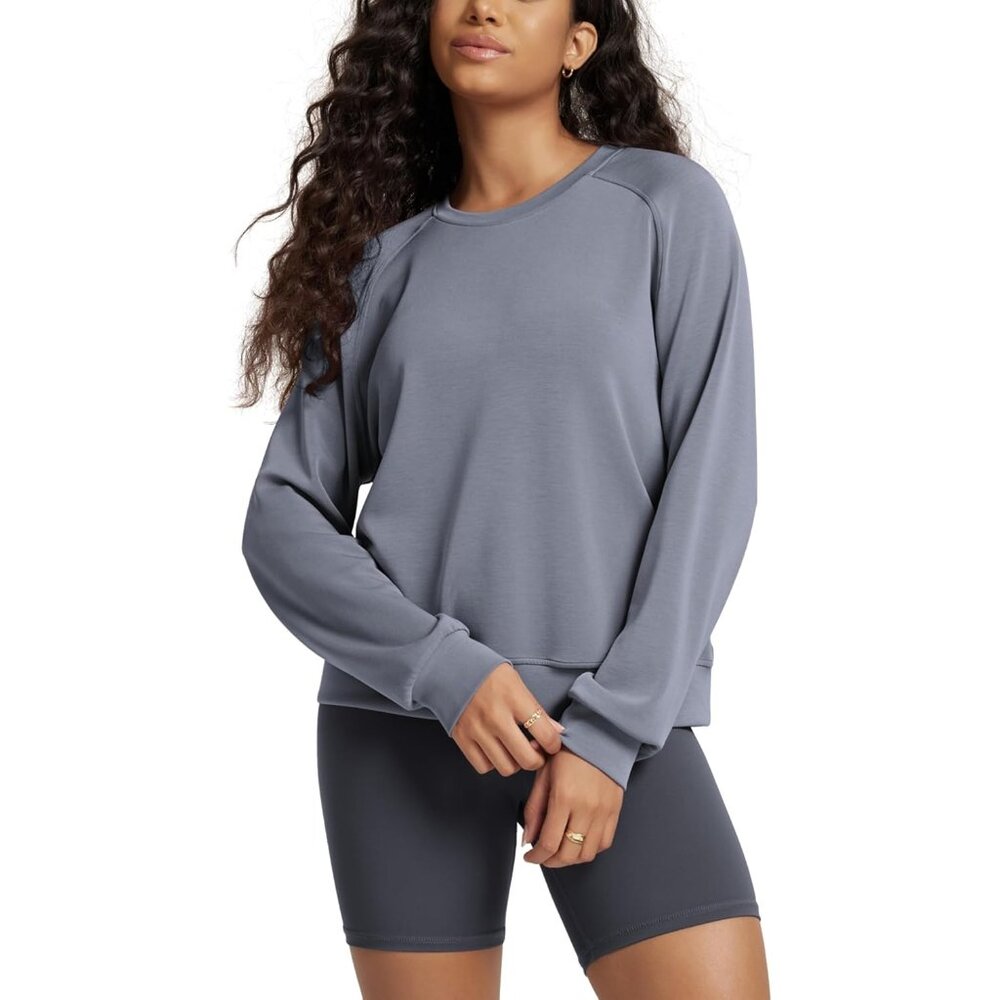Women's Purple Gray Soft Raglan Long Sleeves Sweatshirts for Oversized Crew Neck